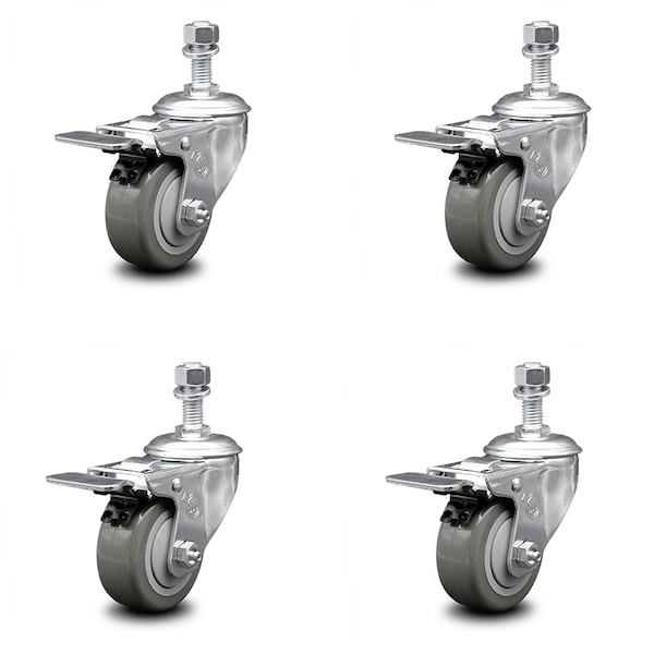 3 Inch Gray Polyurethane Swivel 1/2 Inch Stem Caster Set with Total Lock Brake